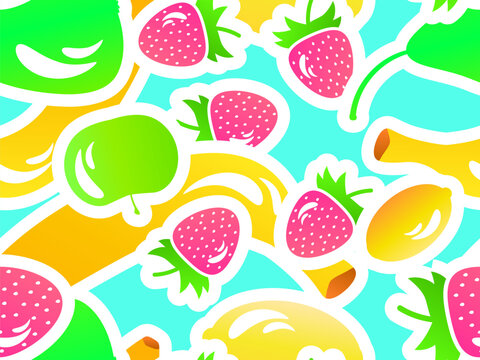 Seamless pattern with apples, strawberries, bananas, pears and lemons with stroke in 3d style. Summer berry-fruit mix. Design for print, banners and posters. Vector illustration