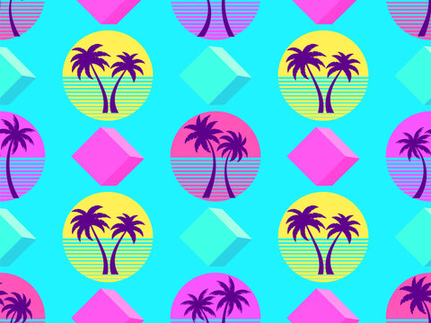 Seamless pattern with retro sun and palm trees in 80s style. Palm trees at sunset and 3d cubes. Colorful tropical pattern design for banner, poster and promotional item. Vector illustration
