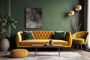 Vibrant yellow tufted sofa with green cushions near stucco wall. Interior design of modern living room. Created with generative AI
