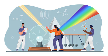 People study physics concept. Men and women look at shapes on board, refraction of light, and structure of volume or molecule. Scientific experiments, education. Cartoon flat vector illustration - obrazy, fototapety, plakaty