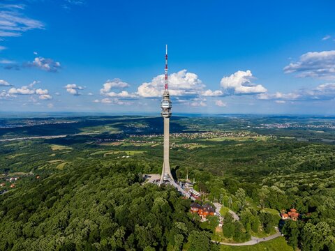Aerial view of the Avala tower on Avala Mountain in Belgrade, Serbia