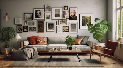 A harmonious Scandinavian living room with a carefully curated gallery wall, showcasing a mix of artwork, photographs, and wall decor to add personality and visual intrigue Generative AI