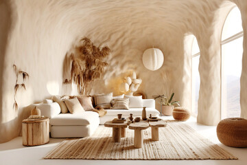White sofa in boho style room with arched window and stucco walls. Rustic interior design of modern living room. Created with generative AI technology.