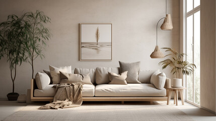 A minimalist Scandinavian living room showcasing a monochromatic color scheme, with pops of muted tones and organic textures to add visual interest and depth Generative AI