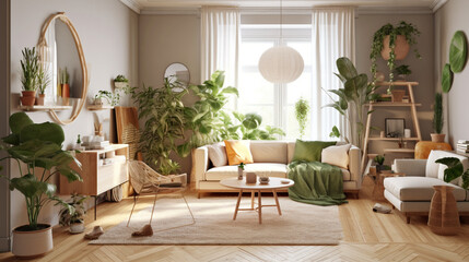 A fresh and vibrant Scandinavian living room featuring indoor plants, adding a touch of greenery and natural beauty to the space, creating a calming and rejuvenating environment Generative AI