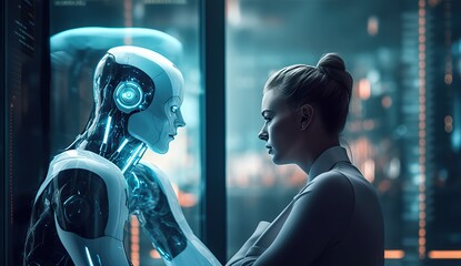 Human and robot Ai chatting and communicating. Future technology technology or machine learning concept, artificial intelligence technology