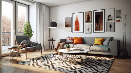 A sleek and modern Scandinavian living room with a focus on geometric patterns, incorporating them through rugs, cushions, and artwork, adding visual interest and a contemporary to Generative AI