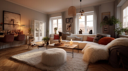 A Scandinavian living room with a mix of textures, such as a shaggy rug, knitted poufs, and velvet cushions, providing a tactile experience and enhancing the cozy ambiance Generative AI