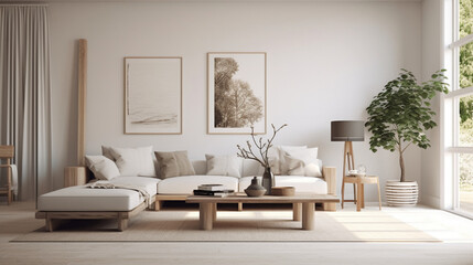 Fototapeta premium A serene living room in Scandinavian style featuring a minimalist design with clean lines, natural materials, and a neutral color palette, exuding a sense of calm and simplicity Generative AI