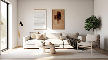 A minimalist Scandinavian living room showcasing a monochromatic color scheme, with pops of muted tones and organic textures to add visual interest and depth Generative AI