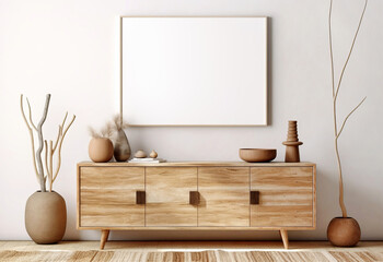 Rustic wooden cabinet near white wall with blank mockup poster frame with copy space. Boho interior design of modern living room. Created with generative AI