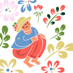 A dreaming Woman and flowers. Vector illustration in doodle style.