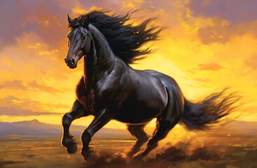 Fototapeta na wymiar galloping black stallion in front of yellow sky created with Generative AI technology