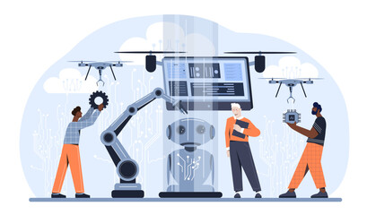 People with scientific engineering concept. Men develop robot, production automation. Artificial intelligence and machine learning. Factory employees, manufacturing. Cartoon flat vector illustration