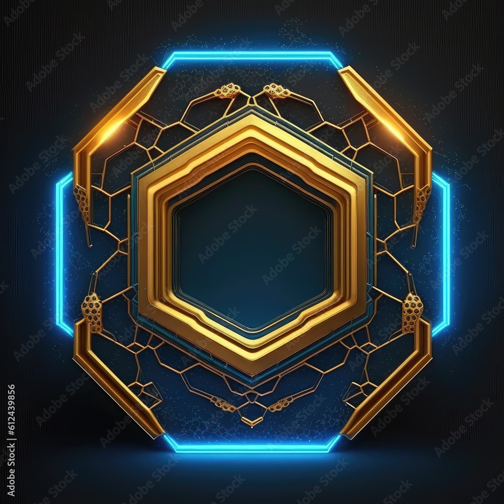 Poster abstract art of thick glowing golden and blue hexagon frame with vivid in chevrons game design. crea