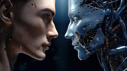 Robot VS Human Face. Illustration AI Generative.