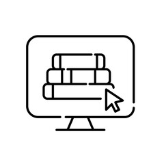 Digital library access symbol. Stack of books on computer monitor and mouse pointer click. Pixel perfect, editable stroke icon