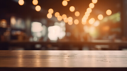 Background Image of wooden table in front of abstract blurred restaurant lights.Free space for text or product placement 