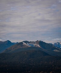 Vertical shot of forested mountain landscapes under a cloudy sky