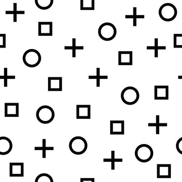 seamless pattern with different shapes. plus, circle, square and others. black and white color. vector. pattern. minimalistic style.