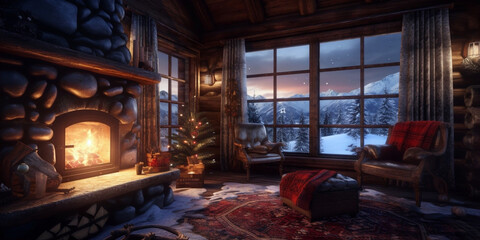 Obraz na płótnie Canvas A cozy cabin lifestyle nestled in a snowy mountain landscape, with a crackling fireplace, warm blankets. Generative ai.