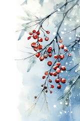 Winter watercolor card with berries. Illustration AI Generative.