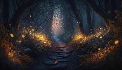 Fairy forest at night, fantasy glowing flowers and lights. Generative AI - obrazy, fototapety, plakaty