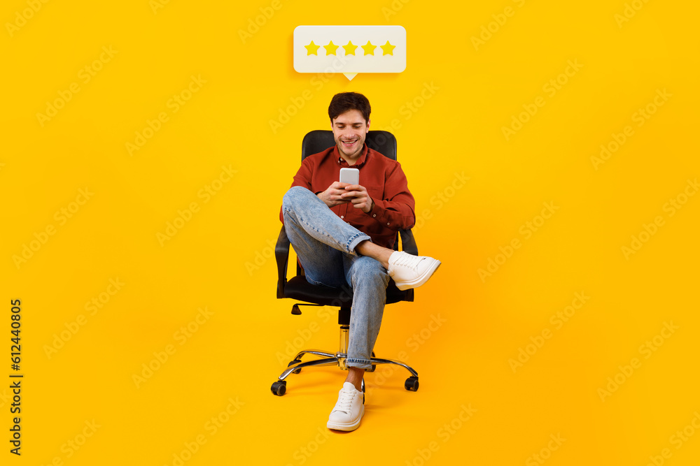 Poster Man Using Smartphone Approving Application With Five Stars, Yellow Background