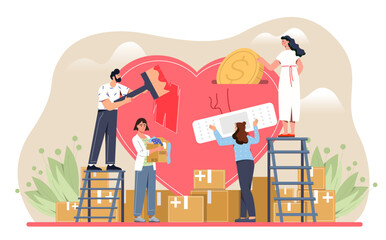 Volunteers with donations concept. Men and women paint over broken heart. Help and support. Generosity and kindness. Charitable organization and foundation. Cartoon flat vector illustration