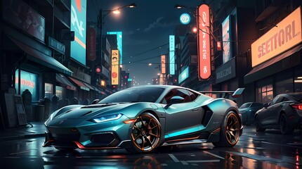 Neon Velocity: Futuristic Sports Car with Dazzling Light Trails