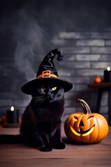 Halloween background: black cat in a witch's hat and carved pumpkins. Copy space. AI generated. Generative AI