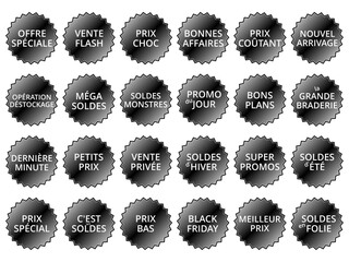 Collection Feuille d'icônes de 24 Slogans de Soldes - Noir Blanc