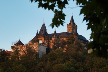 Fototapeta premium Aerial view of Wernigerode castle surrounded by trees