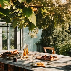 drink and food on a vintage wooden terrace