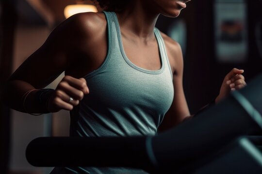Black sexy african american woman on the treadmill in gym. Fitness concept. Young fit woman dressed in sports bra working out on stepping machine in gym Generative AI