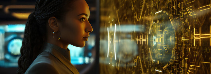 Fototapeta na wymiar Woman standing in front of computer screen, generative AI