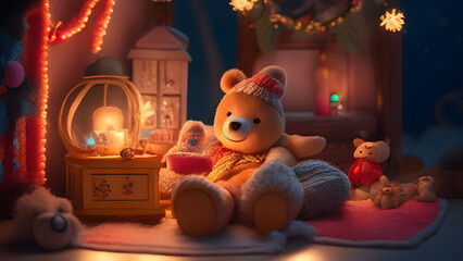 Christmas teddy on the table with candles