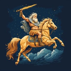 Obraz na płótnie Canvas Zeus with a lightning bolt sword on a horse (ai generated)