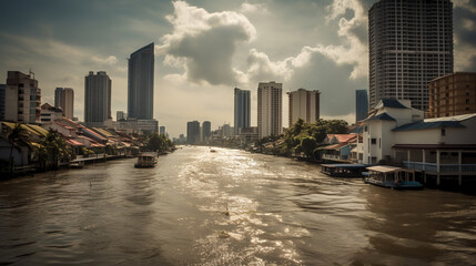 Embrace the radiance of Bangkok, Thailand, with our high noon cityscape image. Explore the vibrant colors and contrasts of this bustling metropolis under the scorching sun. 