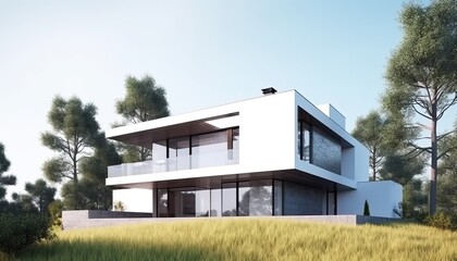 Modern house exterior day light with lawn grass.3d rendering