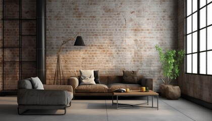 Industrial loft living room interior with sofa,chair and brick wall.3d rendering