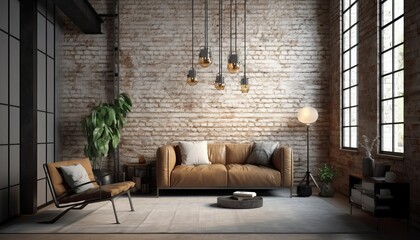 Industrial loft living room interior with sofa,chair and brick wall.3d rendering