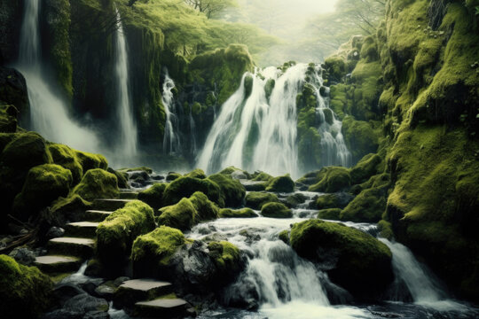 a mesmerizing waterfall framed by moss-covered rocks and lush, verdant foliage. Generative AI 