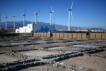 Wind turbines on a windmill factory on a sunny day - the concept of renewable energy