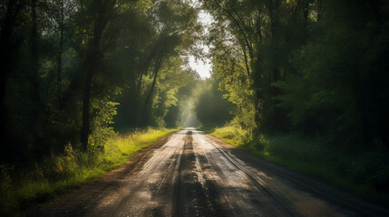 Fototapeta premium Get ready to be immersed in the summer vibes as you travel along the enchanting road flanked by majestic trees. 