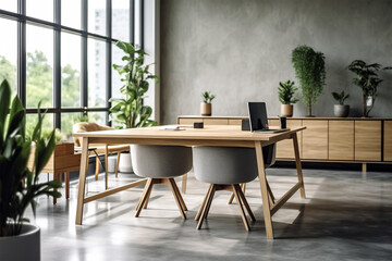 Fototapeta premium an office with wood desks and glass walls, in the style of high detailed, grey academia, wood, photo-realistic landscapes, vintage minimalism, light silver and light brown