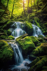 A cascading waterfall surrounded by moss-covered rocks and verdant foliage. Generative AI 