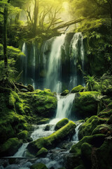 Naklejka na ściany i meble A cascading waterfall surrounded by moss-covered rocks and verdant foliage. Generative AI 