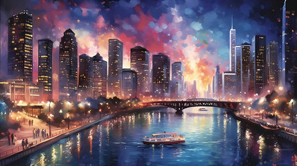 Obraz premium The breathtaking skyline at night, adorned with shimmering lights.