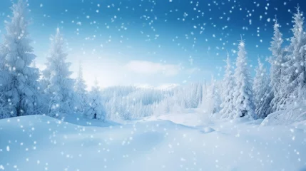 Fotobehang 3D rendering of snow covered forest with blue sky and snowflakes. Merry Christmas Concept.Decoration Christmas Concept. © Emmy Ljs